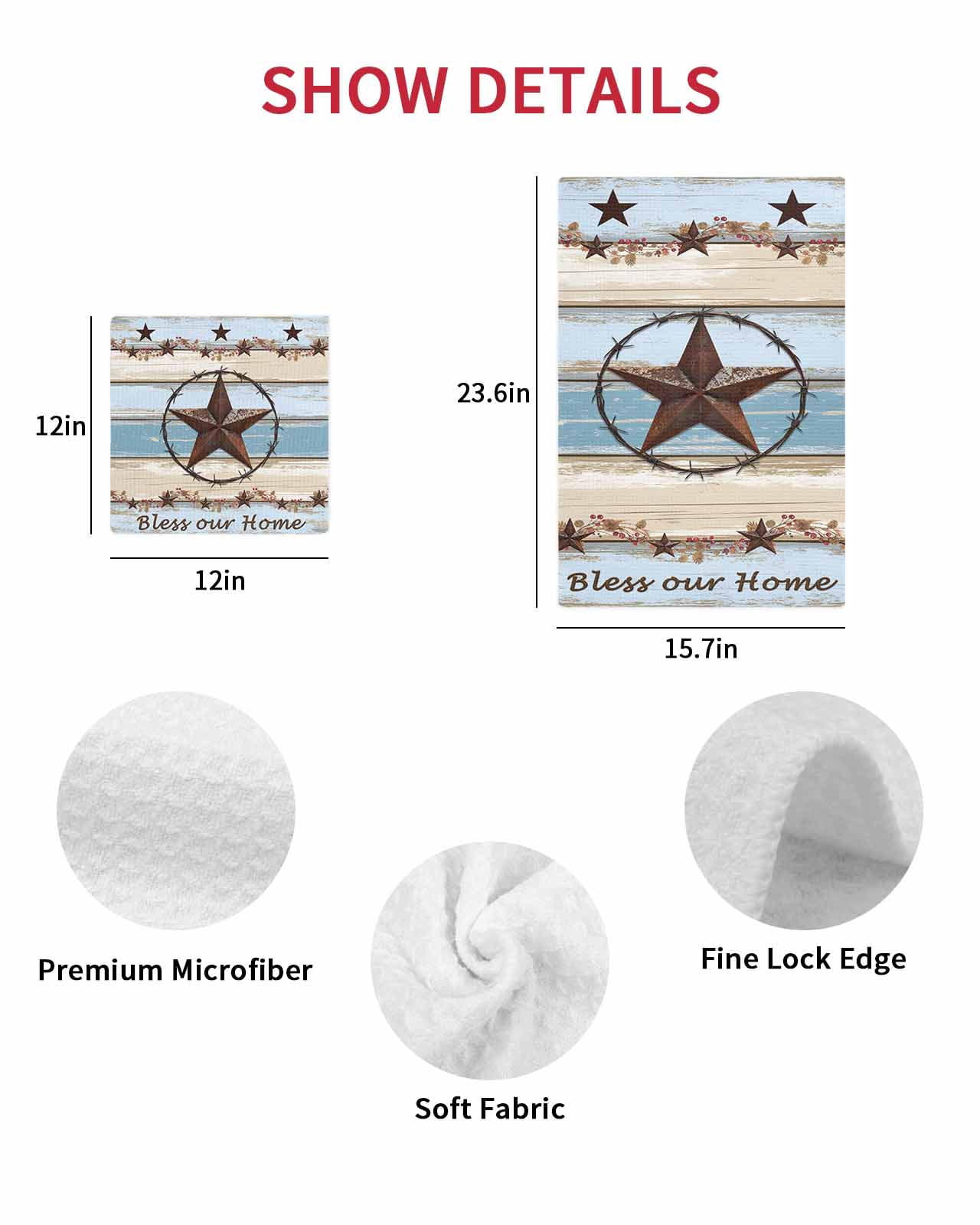 Country Star Blue Kitchen Dish Towels for Drying Dishes Set of 3, Farmhouse Western Texas Star Barn Waffle Weave Microfiber Terry Hand Tea Bathroom Towels Quick Dry & Absorbent Towel 15.7x23.6
