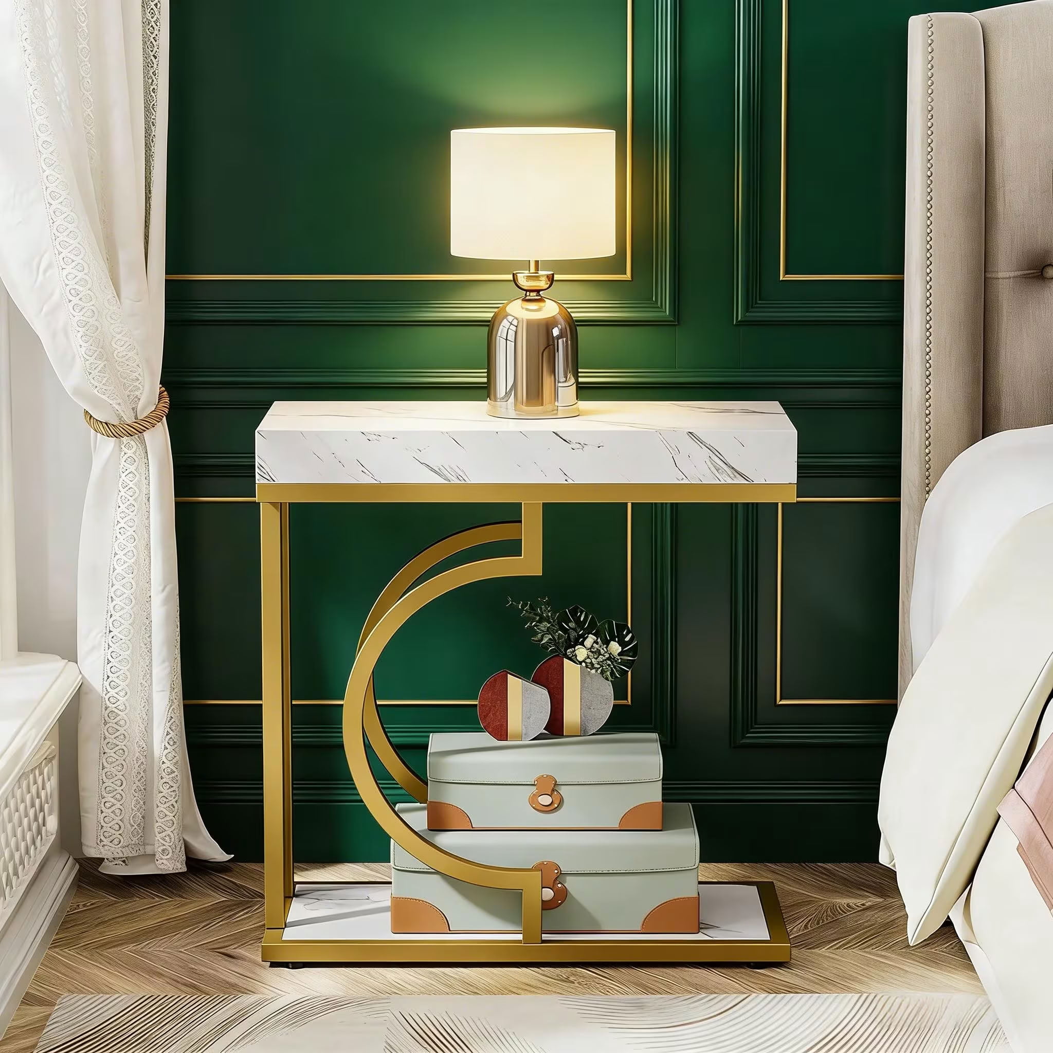 MAYEERTY Narrow End Table, Modern Side Table with Faux Marble Top and Metal Frame, Space-Saving Bedside Table for Living Room, Bedroom