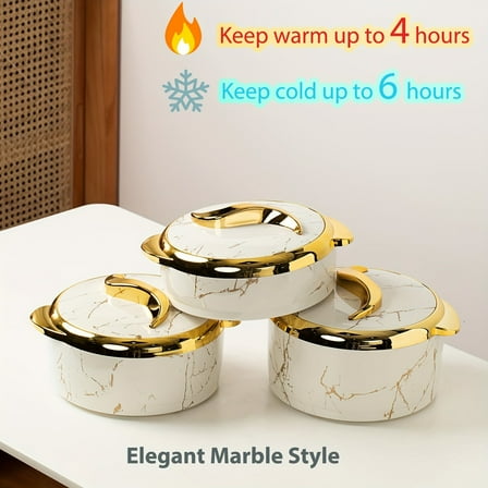 "3-Piece Stainless Steel Food Warmer Set - Insulated Casserole Dishes w/Lids, Keeps Food Hot 4H/Cold 6H, Marble Design - Buffet, Hot Pot, Parties, Catering - Golden Touch Finish, Durable & Elegant"