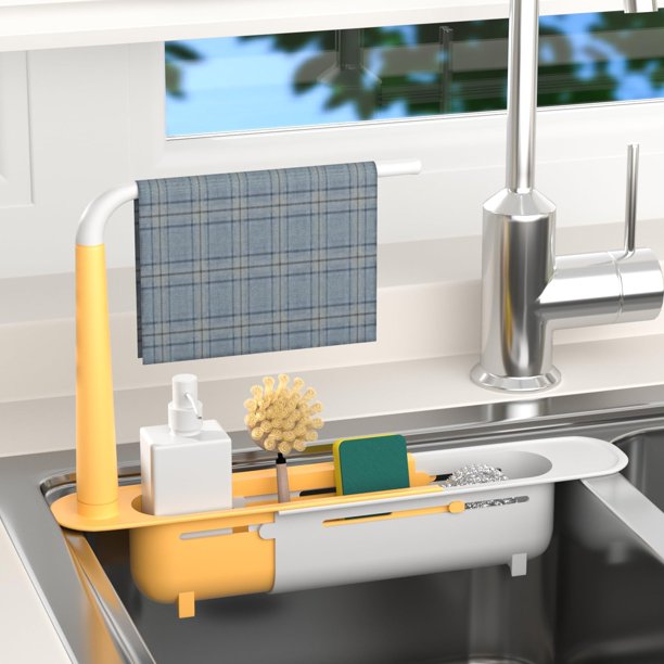 Cesta telescópica para fregadero – Cesta para fregadero de cocina con brazo extensible, organizador extraíble para colocar sobre el fregadero, ideal para guardar esponjas y accesorios de lavado