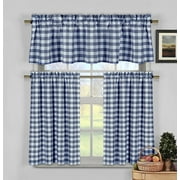 Navy Blue & White Cotton Blend Gingham Tartan Country Plaid Kitchen Curtain Set