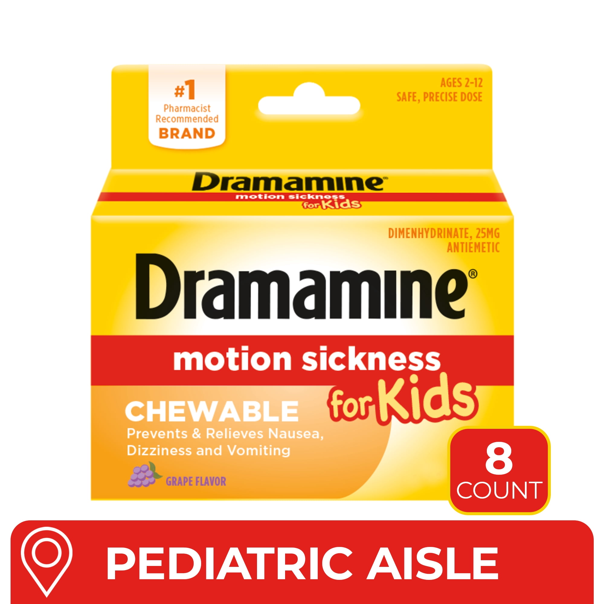 Dramamine Kids Chewable, Motion Sickness Relief, Grape Flavor, 8 Count