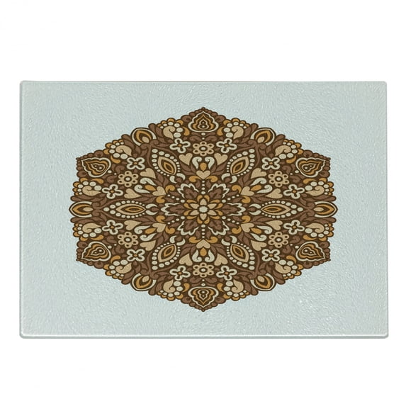Tan and Brown Cutting Board, Vintage Ornate Floral Mandala Round Motif from Culture, Decorative Tempered Glass Cutting and Serving Board, Small Size, Tan Brown Orange, by Ambesonne