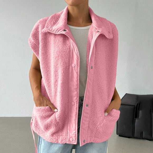 Mevxay Womens Fuzzy Fleece Vest, Casual Loose Sleeveless Sherpa Jacket Button Down Lapel Warm Waistcoat with Pockets for Fall/Winter Pink 2XL