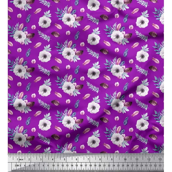 Soimoi Purple Heavy Canvas Fabric Leaves & Anemone Floral Decor Fabric Printed Yard 58 Inch Wide