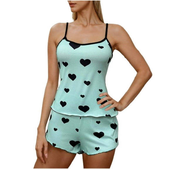 HUJlwoi Women's Lounge Set Heart Graphic Sleeveless Camisole and Shorts Backless 2 Piece Pjs Sleepwear Trendy Casual Pajama Matching Clothing