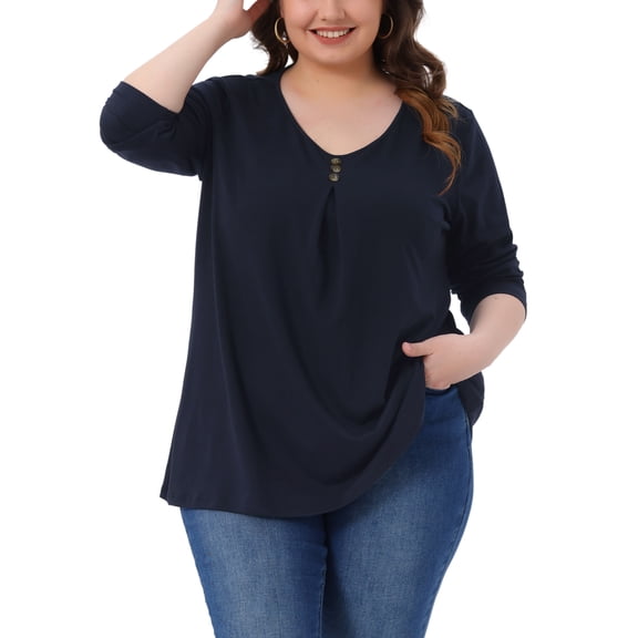 Agnes Orinda Women's Plus Size Top V Neck Long Sleeve Button Decor Casual Loose Tunic Blouse 1X Dark Blue