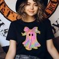 thumbnail image 3 of Rainbow Glitter Ghost with Bow Cute Halloween Graphic T-Shirt, Azalea, Size 2XL, 3 of 6