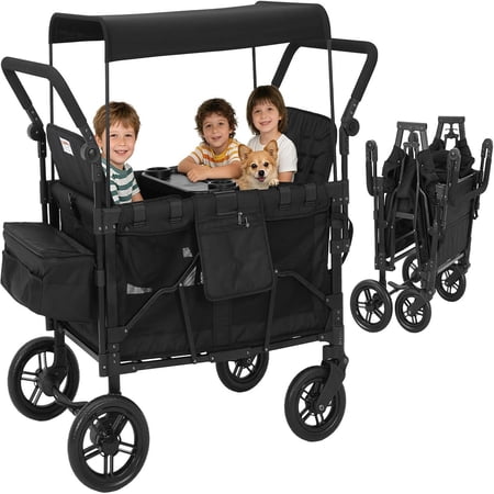Studyset Wagon Stroller 4 Seater, Premium Quad Stroller Wagon with 4 Convertible Seats, Adjustable Push/Pull Handles, 5-Point Harness Belt, Snack Tray, Foldable All-Terrain Wagon for Kids with Canopy