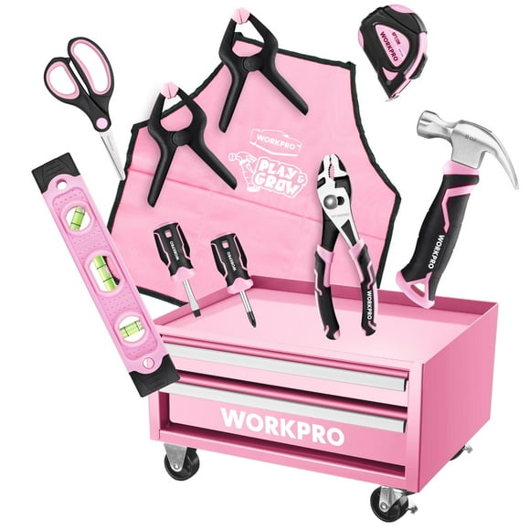 Juego de herramientas WORKPRO rosa para niños con caja de herramientas de acero de 30 cm, 10 herramientas