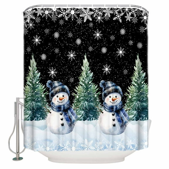 Small Stall Shower Curtain 36x78 Inch Narrow Half Size Black Snowman Christmas Bath Curtains Bathroom Decor Snowflake Green Xmas Tree Waterproof Fabric Shower Curtain Set with Hooks 36 Inch