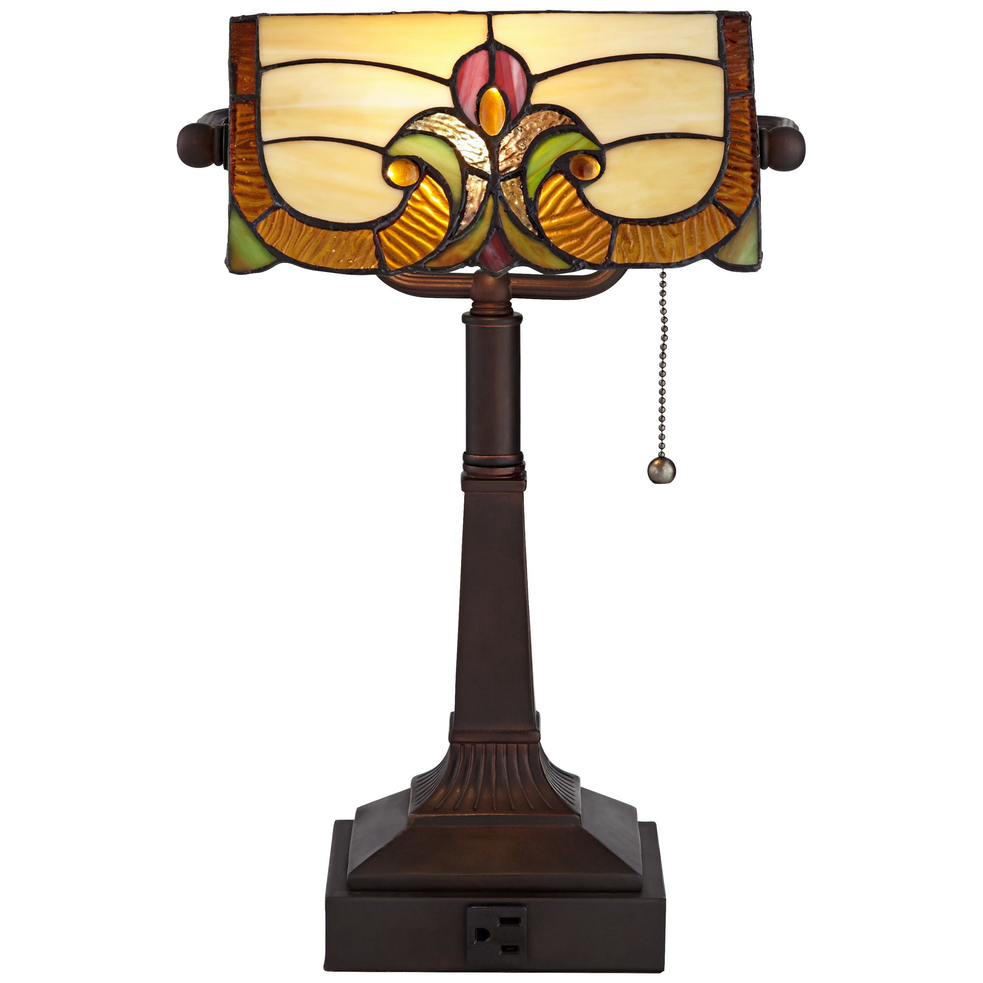 Robert Louis Tiffany Traditional Piano Banker Desk Table Lamp 17" High with AC Power Outlet Bronze Floral Art Glass Bedroom Office