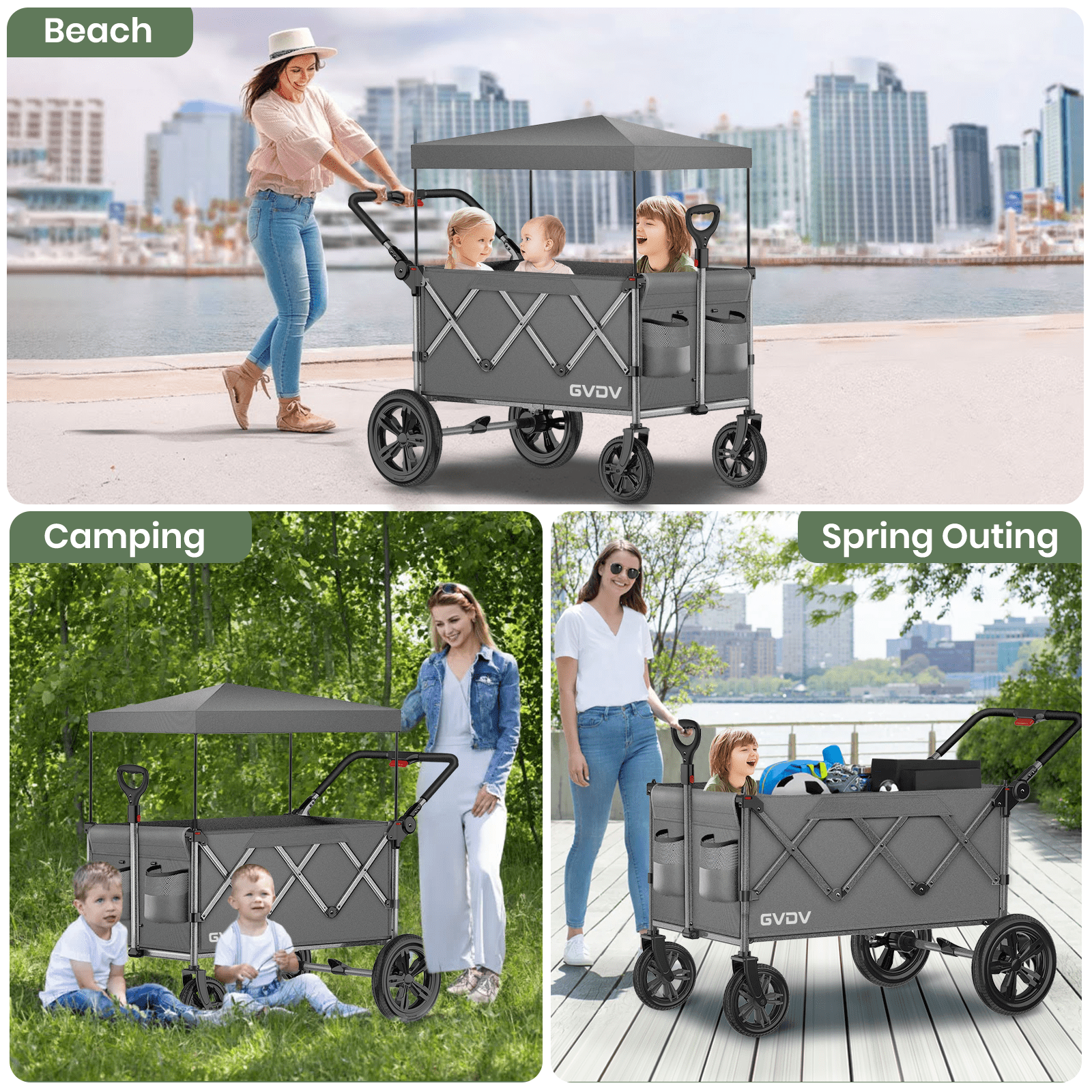 GVDV Stroller Wagon for Kids, 3-in-1 Collapsible Double Stroller Wagon for Toddlers, All-Terrain Baby Stroller with Removable Canopy, Adjustable Push/Pull Handles, 5-Point Harness, Gray