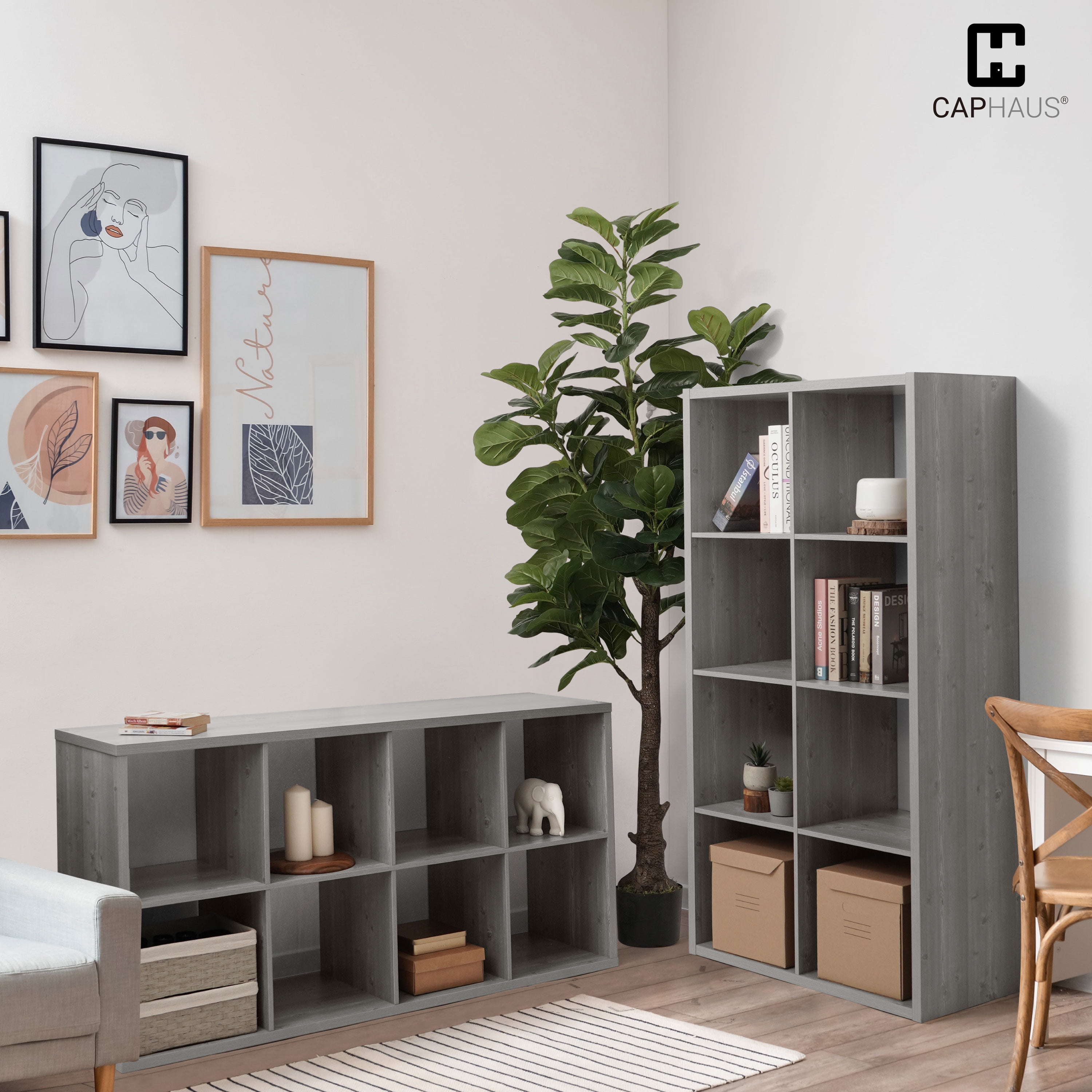CAPHAUS Sturdy Room 11-Inch Cube Storage Organizer Shelf, with Thick Exterior Edge, Storage Shelf Divider w/ Back, Bookcase, 8-Cube, Greige Oak