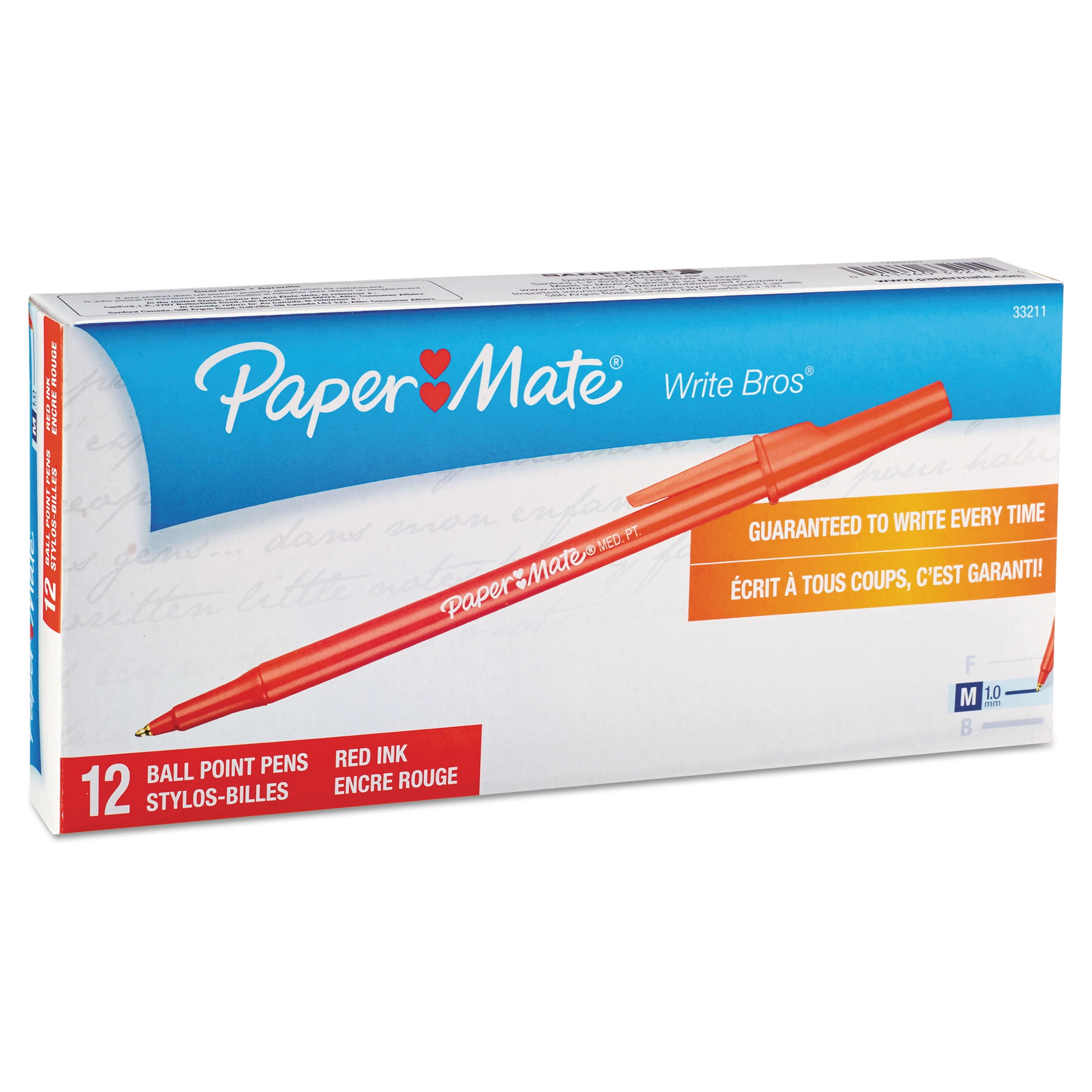 Paper Mate Write Bros Stick Ballpoint Pen, Red Ink, 1mm, Dozen