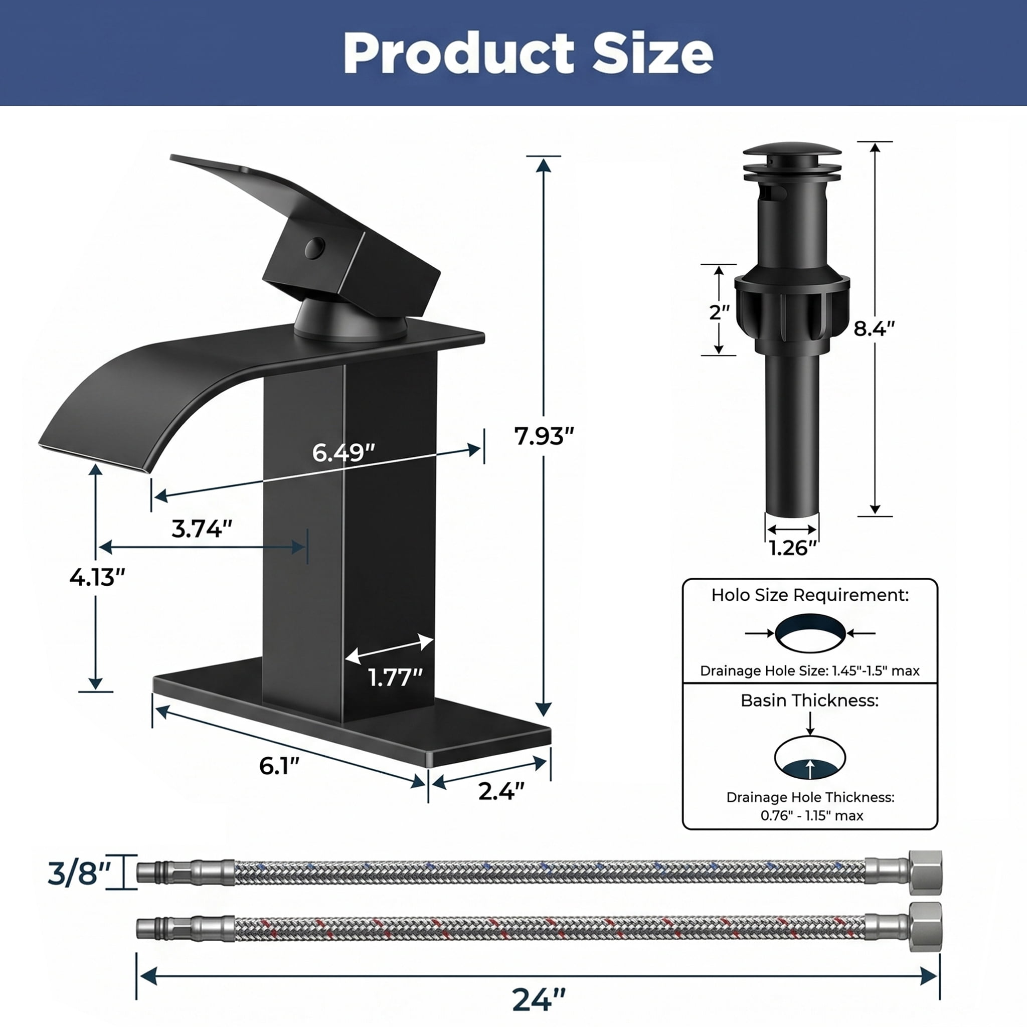TVOFEK Black Waterfall Bathroom Faucet 1 or 3 Hole, Single Handle Bathroom Sink Faucet with Deck and Pop-up Drain for Lavatory Washbasin