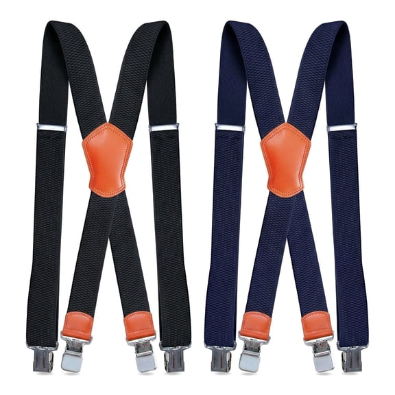 2 Pack Men's Heavy-Duty X-Back Suspenders, Adjustable Elastic Straps with 4 Clips, Black & Navy