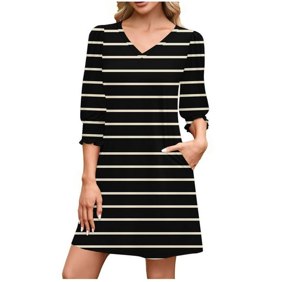 Women Striped / Print T Shirt Dress Casual Mini Loose V-Neck 3/4 Sleeve Dresses with Pocket 2025 Trendy Streetwear