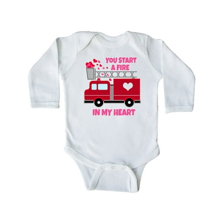 

Inktastic Valentine Fire Truck White and Pink Hearts Gift Baby Boy or Baby Girl Long Sleeve Bodysuit