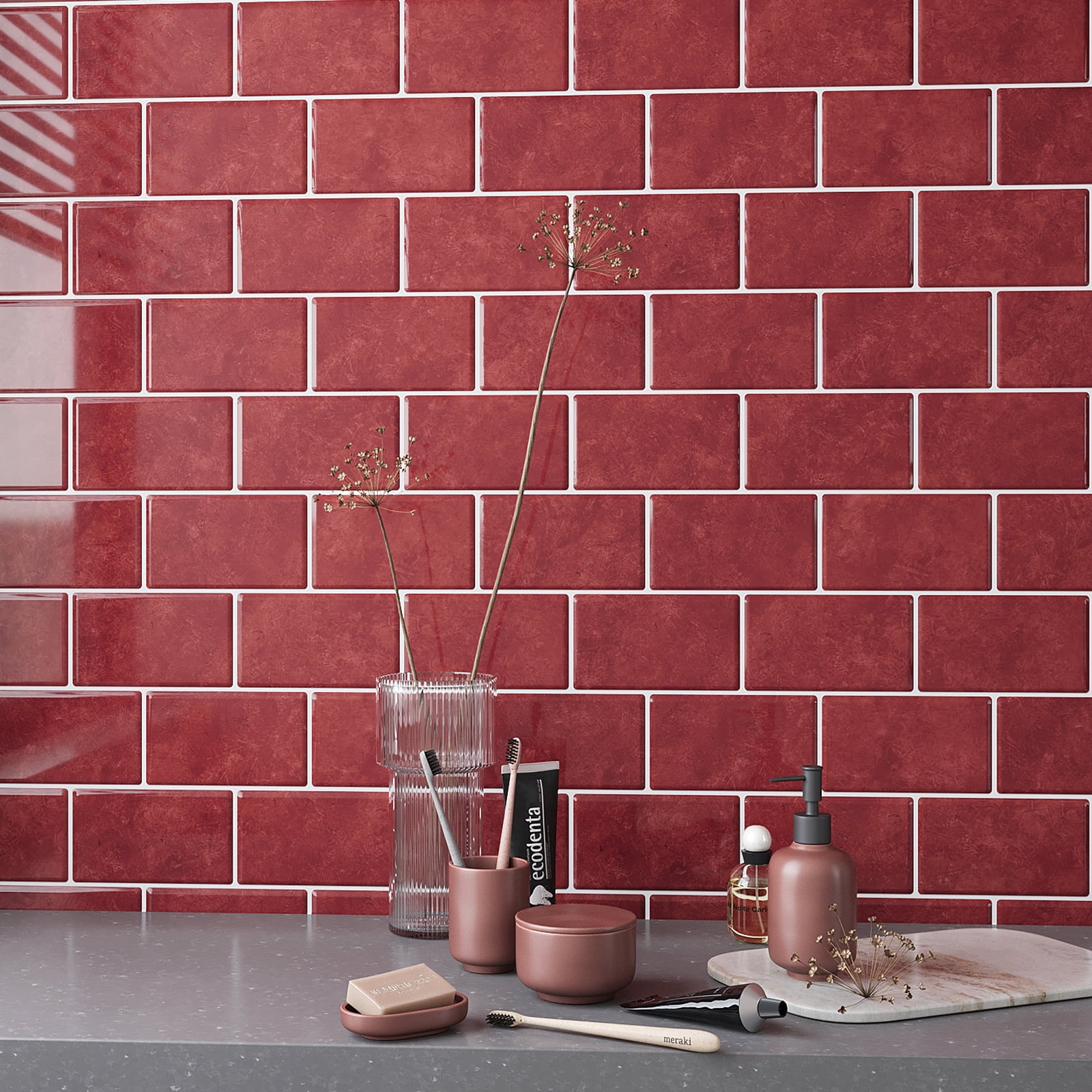 VEELIKE Red Peel and Stick Backsplash Waterproof Subway Kitchen Backsplash Red Peel and Stick 12''x12'' Tile 6 Sheets Removable Renter Friendly Backsplash Stick on Tiles for Kitchen Wall Bathroom