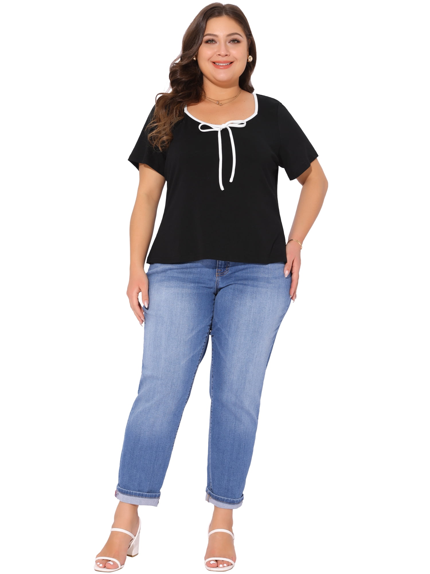 Women's Plus Blouse Sweetheart Neck Contrast Trim Tie Knot Short Sleeve Tee 2X Black