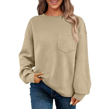 Women s Oversized Sweatshirt Long Sleeve Lightweight Pullover Waffle Knitted Drop Shoulder Sweatshirts Y2k Tops Loose Fit Casual Blouses Pullovers Solid Baggy Tops #10 Khaki M