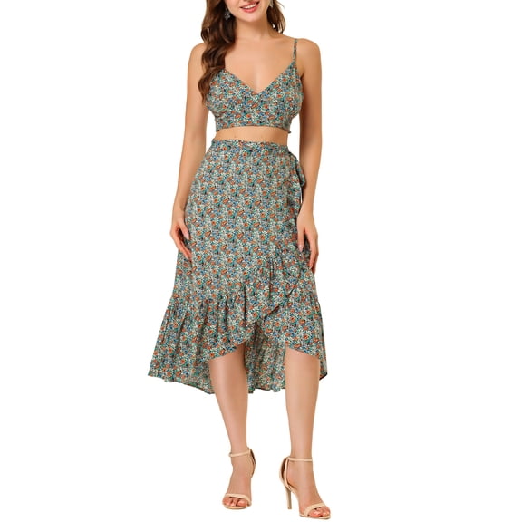 Allegra K Women's V Neck Spaghetti Strap Crop Top & Floral Ruffle Wrap Skirt Set