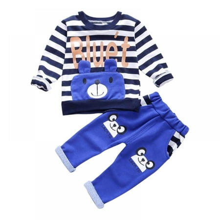 

Newborn Baby Boy Bear Outfit Set Fall Winter Cute Cartoon T-Shirt Tops Striped Long Pants 2Pcs Clothes