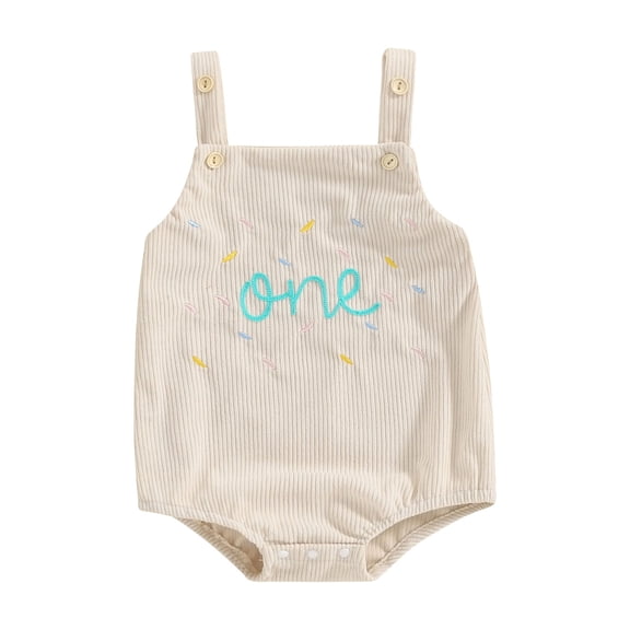 FEORJGP Infant Baby Girls Boys First Birthday Romper 6M 12M 18M Toddler Sleeveless Overalls Button Closure Letters Bodysuit Casual Jumpsuit for Summer