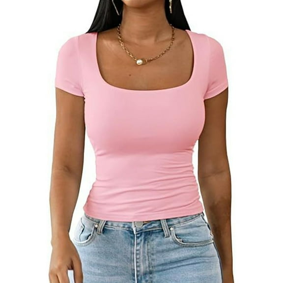 Hauaitttt Women Fashion Slim U Neck T Shirt Fashion Casual Solid Color Short Sleeved T Shirt Active Loose Tops Women Wide Stripe Shirt Women Summer Womens Work Shirt Short Sleeve Workout Tops for