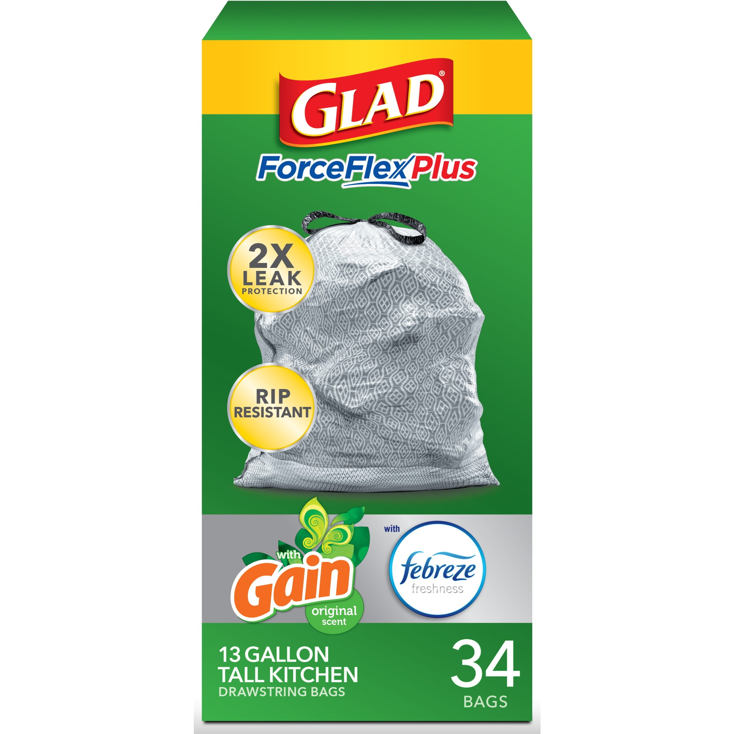 Glad Tall Kitchen Trash Bags, 13 Gallon, 34 Bags (ForceFlexPlus, Gain Original)