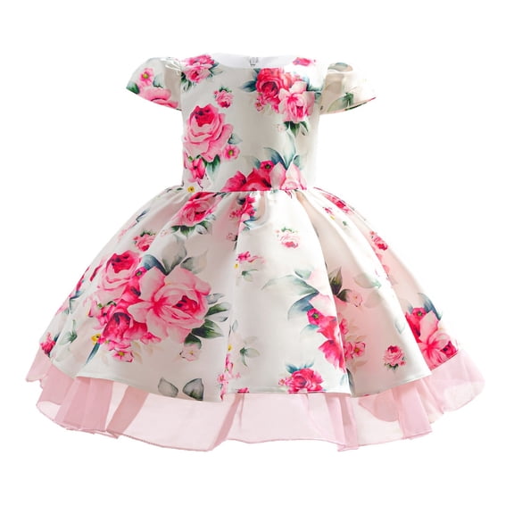 Mercatoo Kids Girls Flower Print Princess Dress Short Sleeve Fl𝐮f𝐟y Dress Gown Flower Girl Dresses for Wedding P𝐚rty