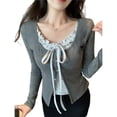 thumbnail image 1 of Camiseta de Larga para Mujer, Cuello Redondo, Estilo Casual, con Encaje, Efecto Dos Piezas. Gris M, 1 of 9