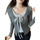 thumbnail image 1 of Camiseta de Larga para Mujer, Cuello Redondo, Estilo Casual, con Encaje, Efecto Dos Piezas. Gris M, 1 of 9