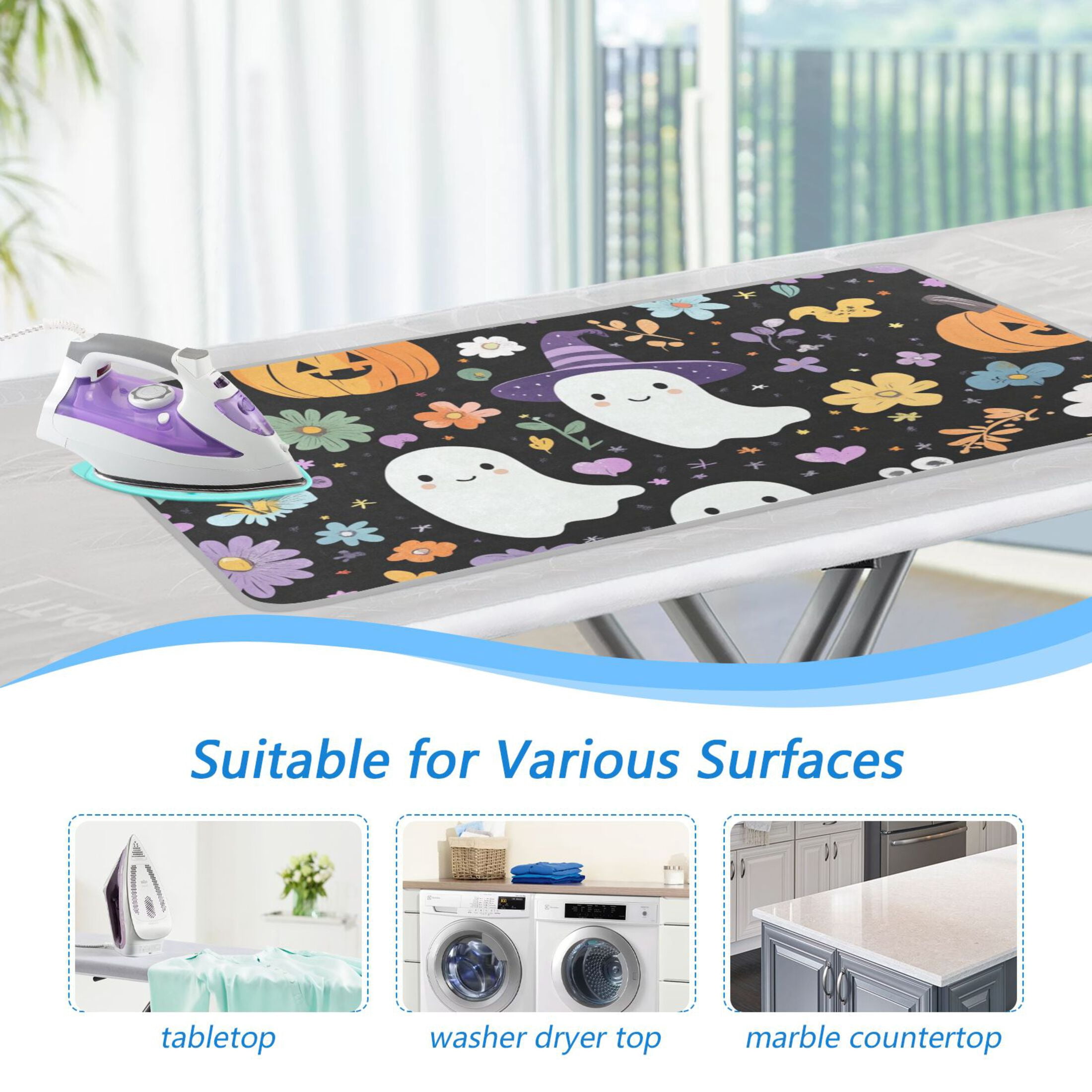 Colorful Flowers Pumpkins Halloween Specters Ironing Mat Blanket Portable Travel Ironing Pad Heat Resistant Pad 47.2" x 27.6”