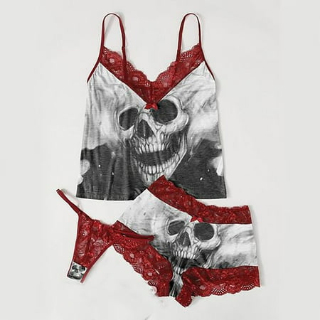 

Ruhiku GW Women Exquisite Lace Lingerie Bra+Short+Briefs Set Skull Print Sleepwear Gray Small