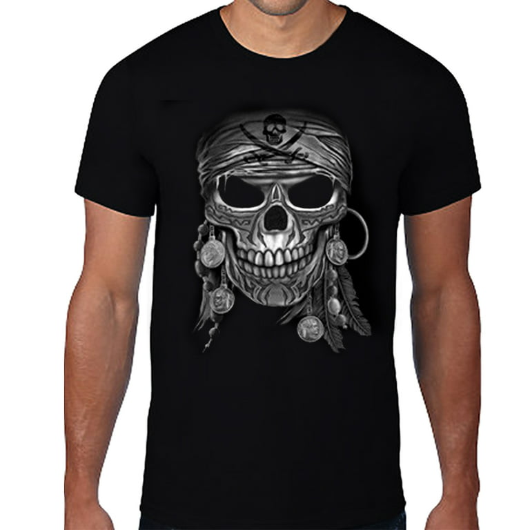 AllTopBargains Mens T-Shirt Pirate Skull Tattoo Biker Print Short Sleeve Graphic Tee Black S, Men's, Size: Small