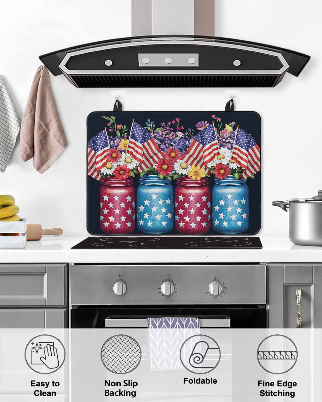 nqOlkjepod Large Induction Cooktop Protector Mat 36"x21", 4th of July Stove Top Covers for Electric Stove, American Flag Independence Day Floral Black Stove Burner Cover Mats, Glass Top Stove Cover
