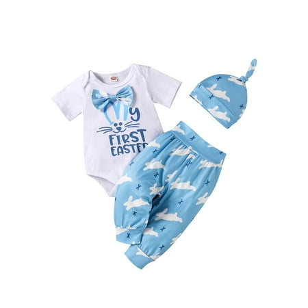 

Domingbub Cotton Easter Baby Boy 3Pcs Set Sky Blue Bow Bunny First Letter Print Short Sleeve Bodysuit+Rabbit Pants+Hat Toddler Clothes 6-24M