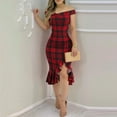 thumbnail image 3 of Ichuanyi Woman Dress Women Fashion Plaid Dress Plain Cold Shoulder Ruffle Loose Hem Slit Dress, 3 of 8