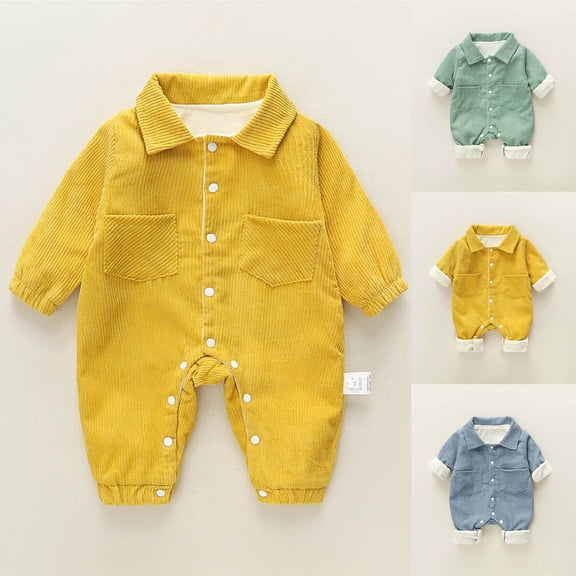 Umfun Baby Corduroy Collared Romper - Warm Button Down One-Piece Jumpsuit with Flap Pockets and Cuffed Sleeves Trendy Fall Winter Outfit for Infant Boys Girls