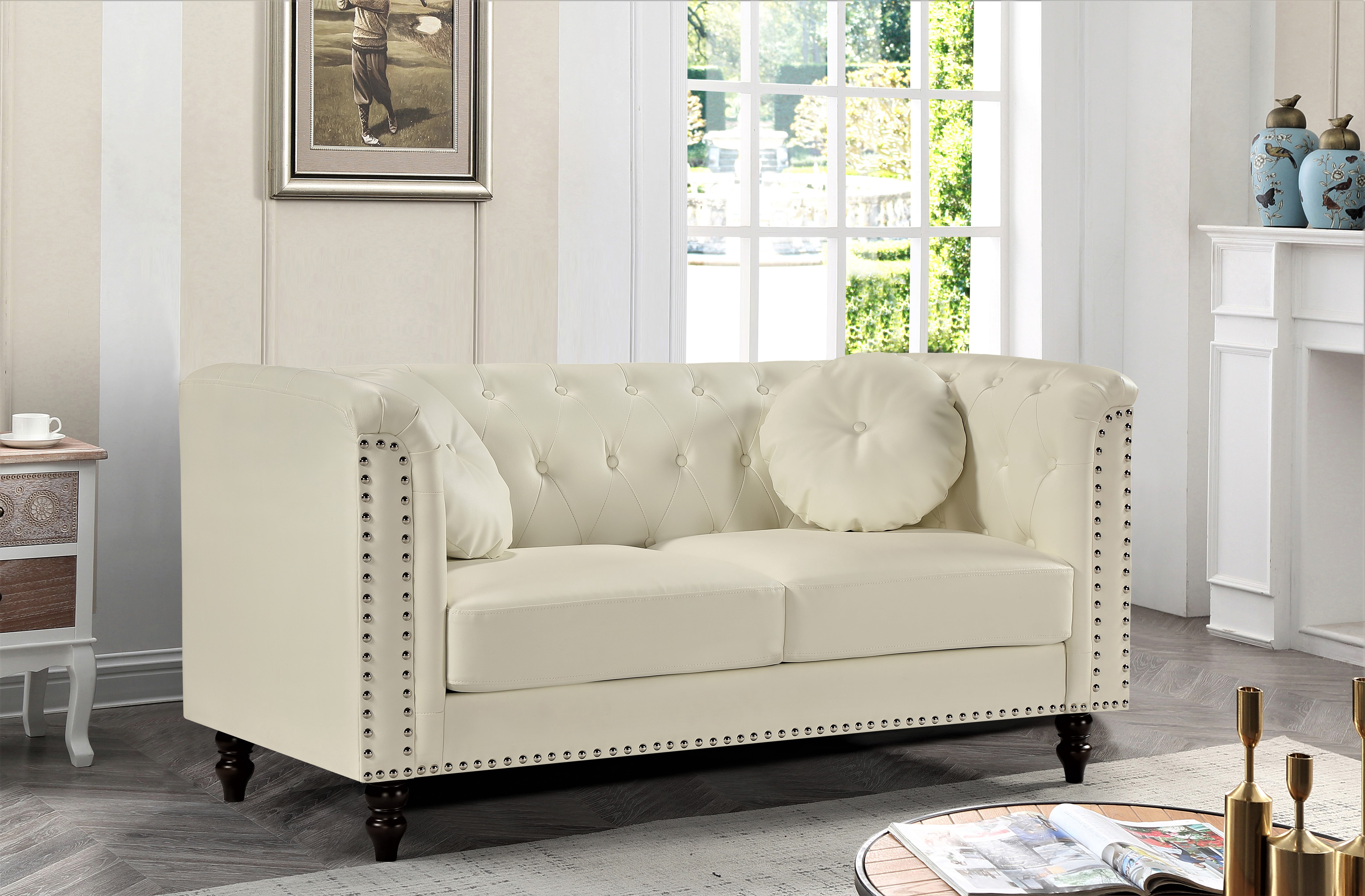 Uspridefurniture Fogg 64.17'' faux leather Rolled Arm Loveseat -Beige