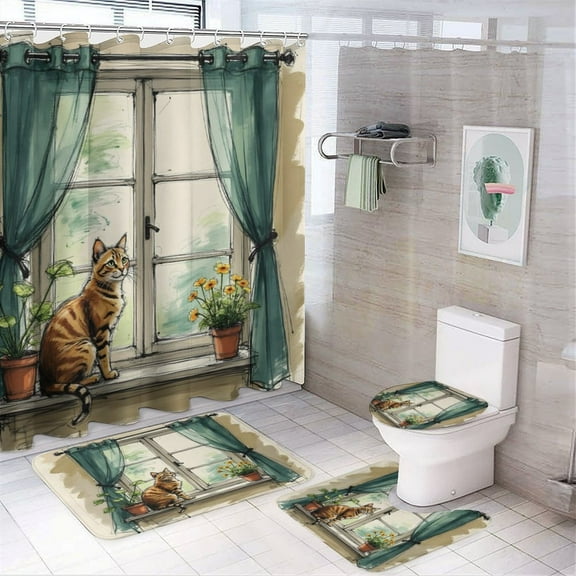 Cat Print Shower Curtain 4-Piece Set, Cute Bathroom Decor with 72" x 72" Shower Curtain, Toilet Cover Mat, U-Shaped Mat, and Non-Slip Floor Mat