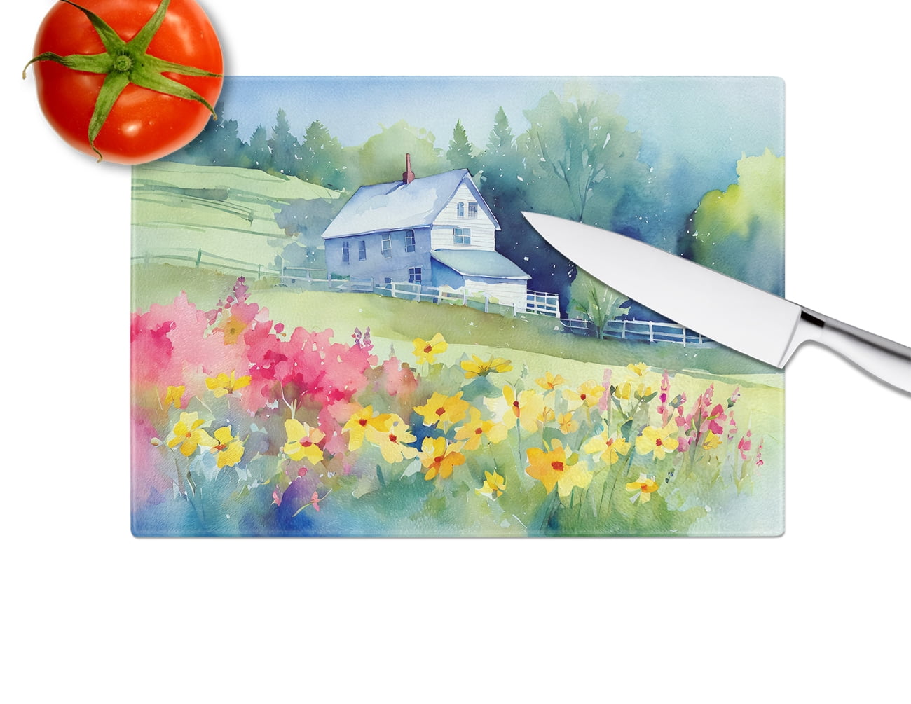 Massachusetts Mayflowers in Watercolor Glass Cutting Board Large 12 in x 15 in