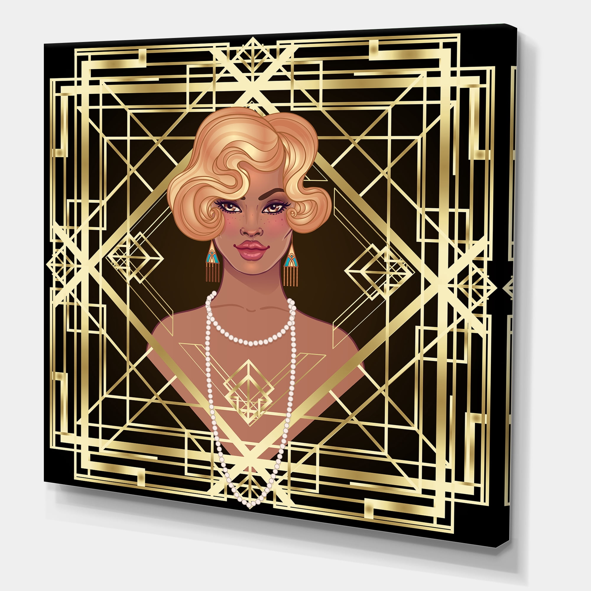 Designart ' Retro Girl In Golden Art Deco Geometrics III ' Modern Canvas Wall Art Print