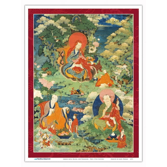 Arhats Ajita Kalika and Vanavasin - Buddhist Elders - Vintage Tibetan Thangka Buddhist Painting - Tibet, 19th Century - Master Art Print (Unframed) 9in x 12in
