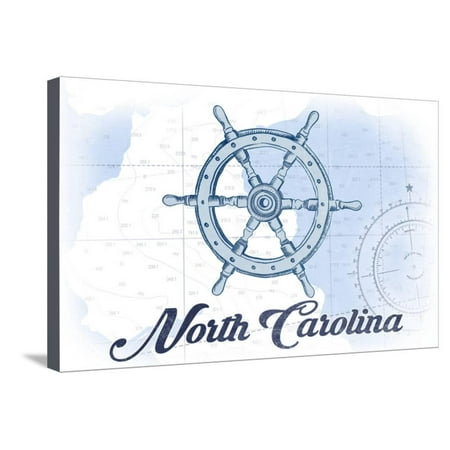 North Carolina - Ship Wheel - Blue - Coastal Icon Stretched Canvas Print Wall Art By Lantern
