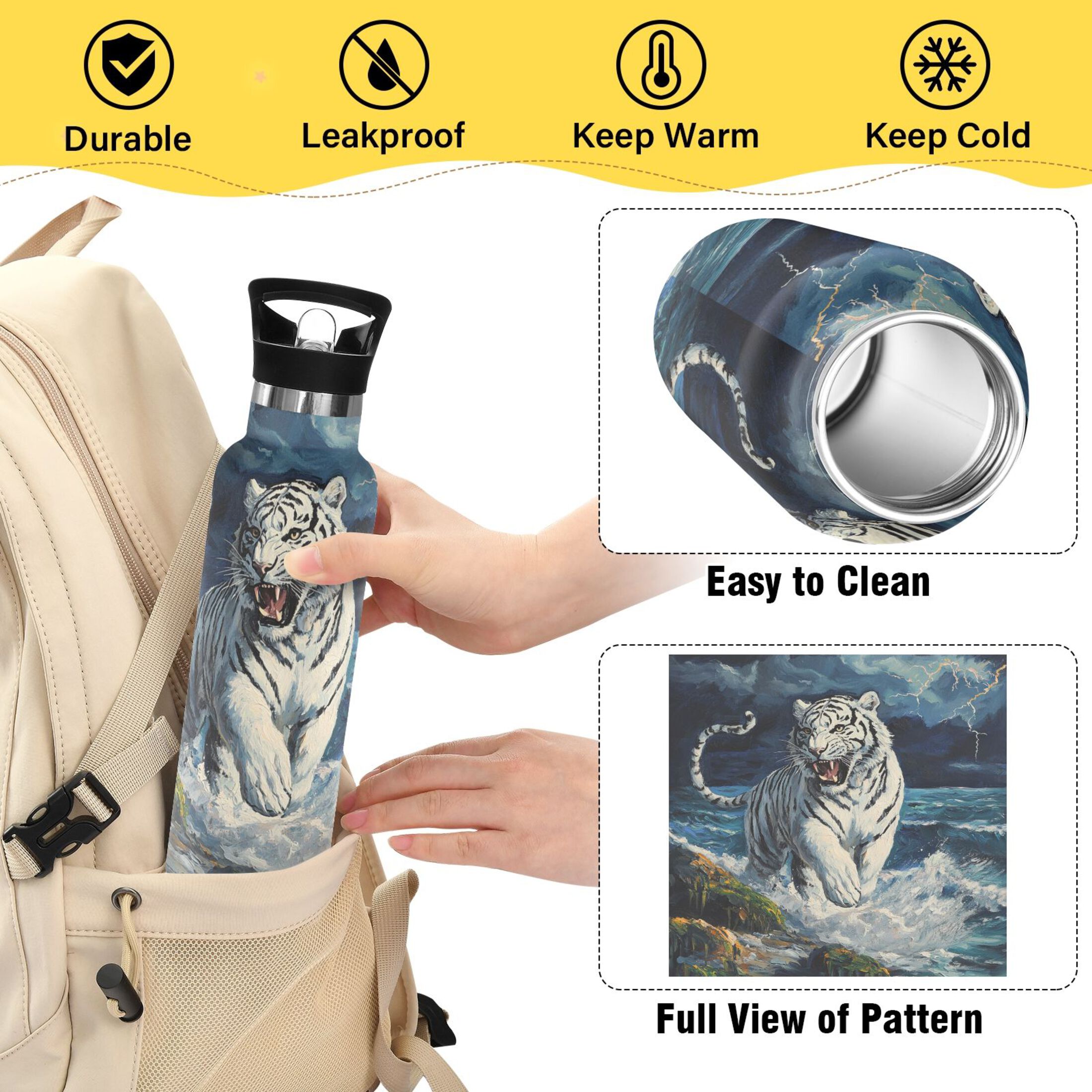 600ML Stainless Steel Insulated Cup Sports Water Bottle Portable Thermos Cup Water Glasses Insulated Tumblers Convenient and Durable The Sea and The White Tiger