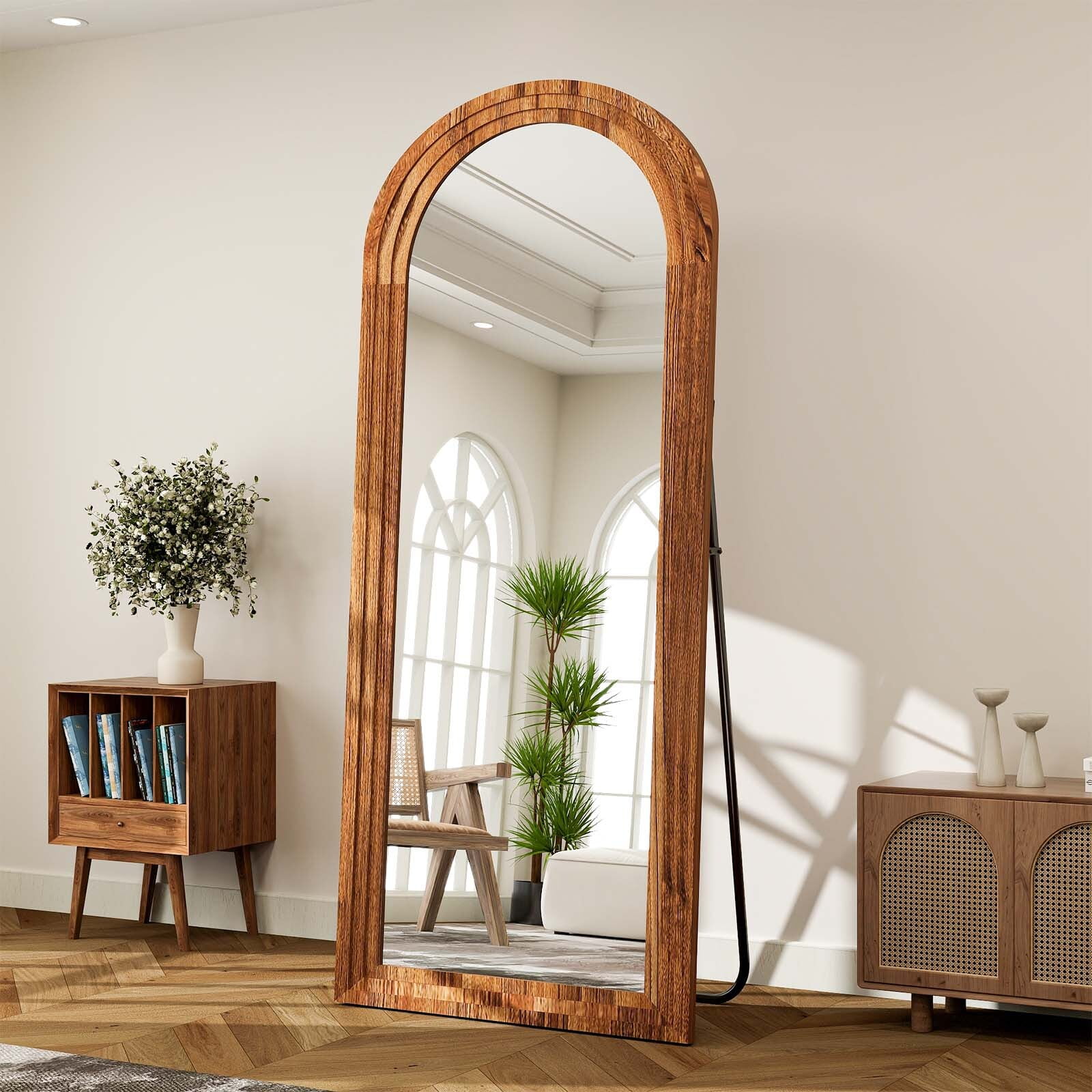 BEAUTYPEAK 30"x 71" Classic Paulownia Wood Framed Arched Full Length Mirror, Brown