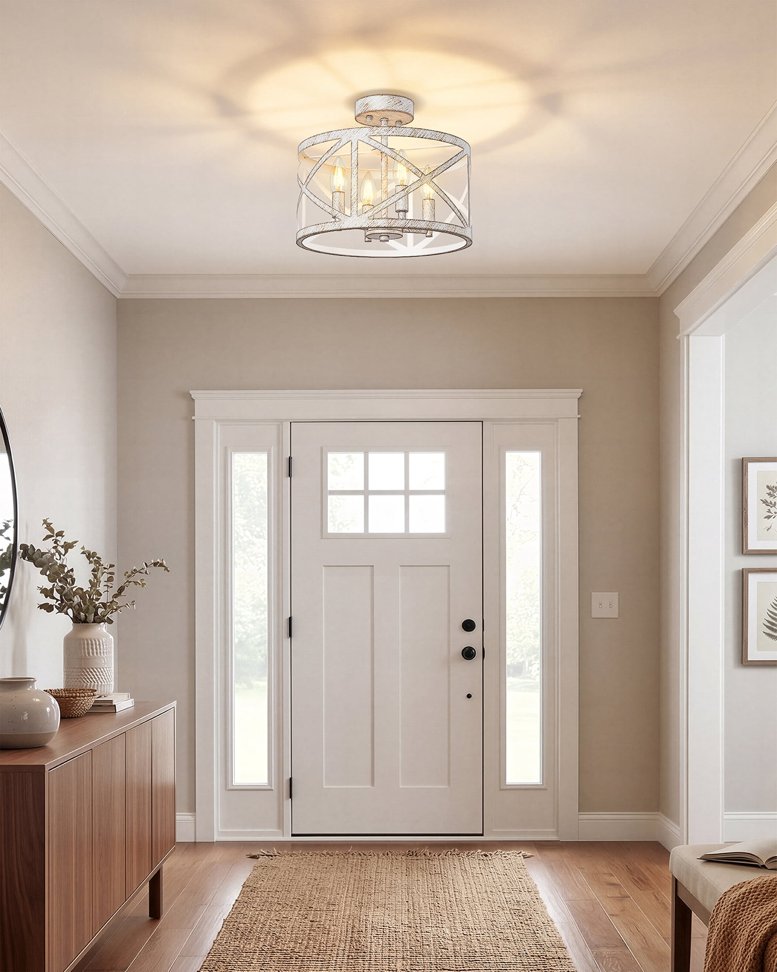 12" Semi Flush Mount Ceiling Light Fixture, 4-Light Farmhouse Modern Ceiling Light, Kitchen Lights, Hallway Light Fixtures, Ceiling Lamp for Entryway Dining Room Bedroom Laundry Lighting, White
